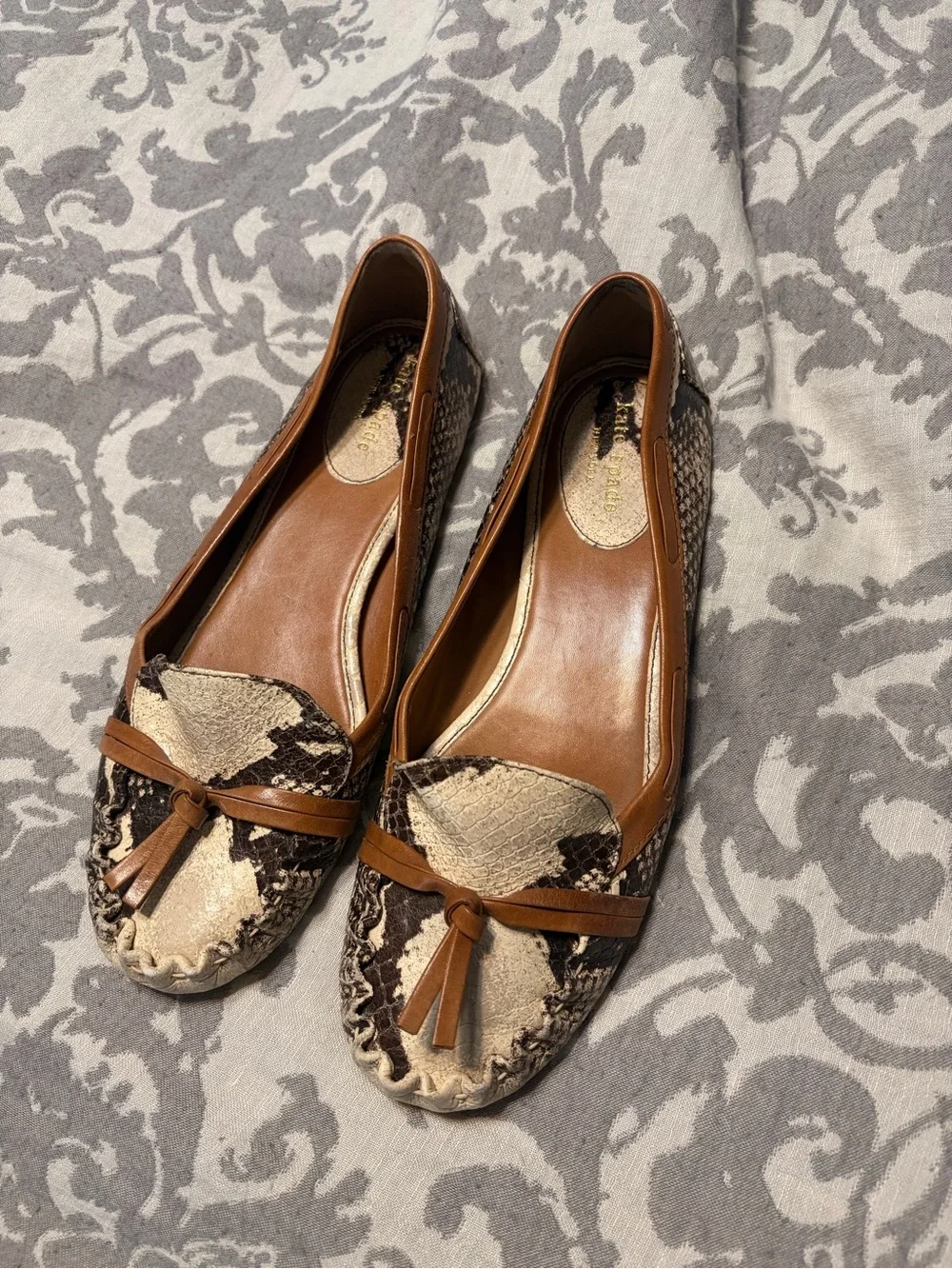 kate spade Brown and Cream Snake-Print Leather Tassel Moccasins